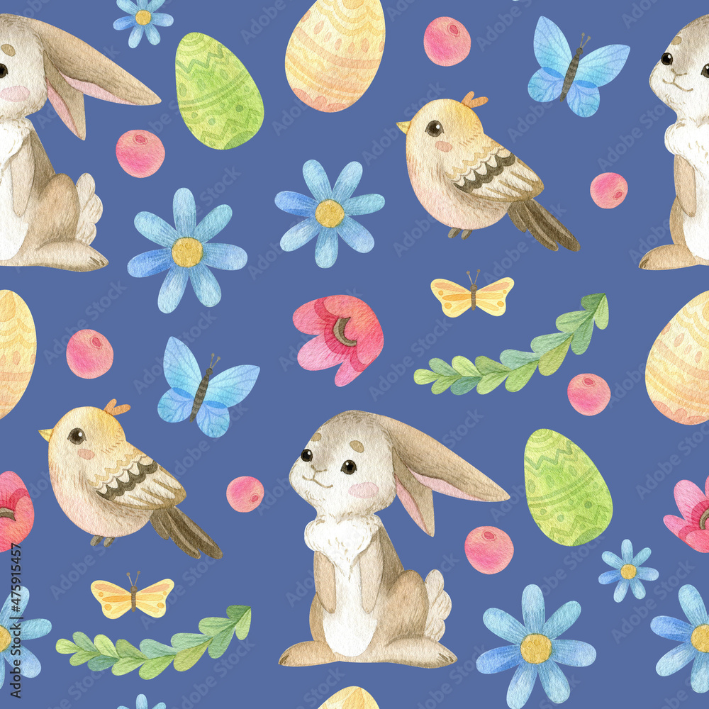 Obraz premium Watercolor seamless pattern. Spring Holidays. Cute Easter bunny. Flowers, butterflies, eggs, leaves. Blue background