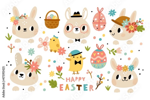 Cute rabbits heads. Funny bunny muzzles with flowers tiaras and headbands, baby animals and little birds, easter spring holiday. Chickens and colored eggs. Vector cartoon isolated set