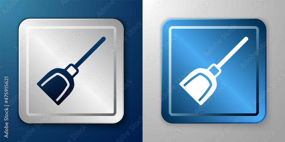 White Dustpan icon isolated on blue and grey background. Cleaning scoop services. Silver and blue square button. Vector White Dustpan icon isolated on blue and grey background. Cleaning scoop services. Silver and blue square button. Vector