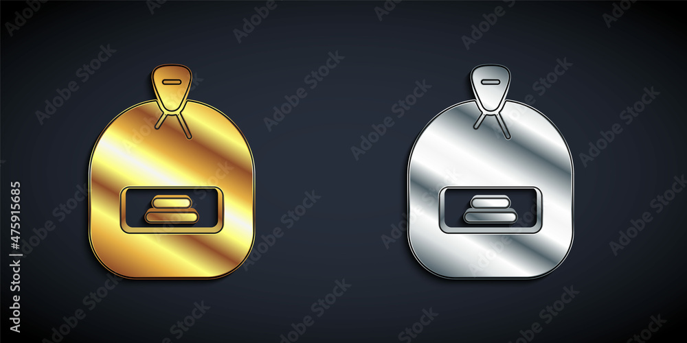 Gold and silver Pack full of seeds of a specific plant icon isolated on black background. Long shadow style. Vector