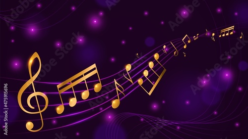 Music note poster. Gold abstract melody wavy horizontal banner, smooth shining musical notes background, classical symphony concert announcement, glowing stars purple backdrop vector concept
