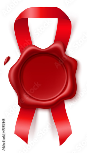 Red ribbon with wax sealing stamp. Realistic blank vintage rubber seal
