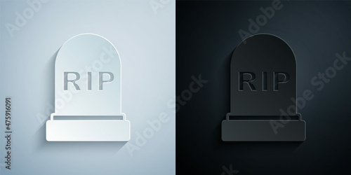 Paper cut Tombstone with RIP written on it icon isolated on grey and black background. Grave icon. Happy Halloween party. Paper art style. Vector