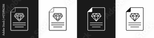 Set Certificate of the diamond icon isolated on black and white background. Vector