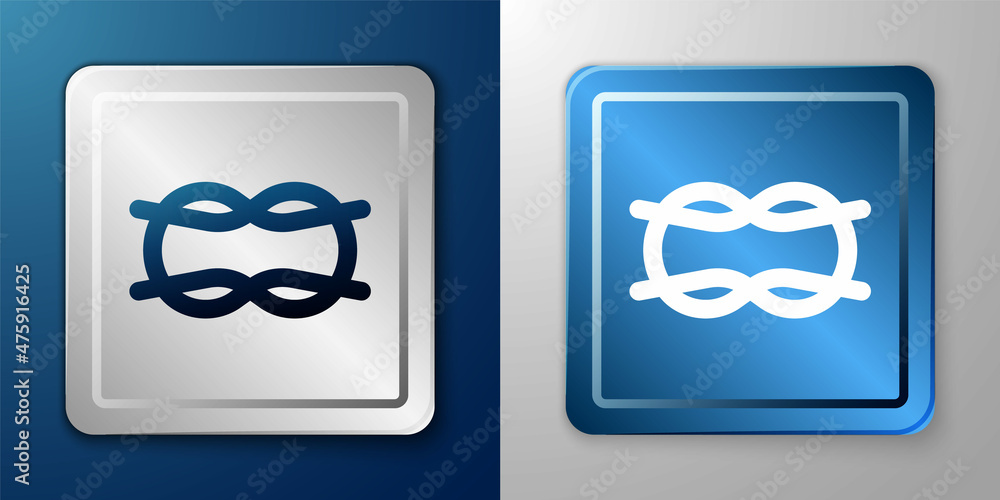 White Nautical rope knots icon isolated on blue and grey background. Rope tied in a knot. Silver and blue square button. Vector White Nautical rope knots icon isolated on blue and grey background. Rope tied in a knot. Silver and blue square button. Vector