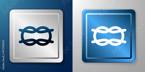 White Nautical rope knots icon isolated on blue and grey background. Rope tied in a knot. Silver and blue square button. Vector