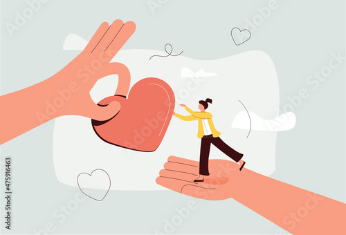 Empathy or sympathy understanding and share feeling with others, support or help community, kindness and compassion concept, supporting hand carry misfortune depressed woman and giving heart shape.