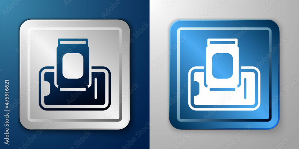 White Food ordering on mobile icon isolated on blue and grey background. Order by mobile phone. Restaurant food delivery concept. Silver and blue square button. Vector White Food ordering on mobile icon isolated on blue and grey background. Order by mobile phone. Restaurant food delivery concept. Silver and blue square button. Vector