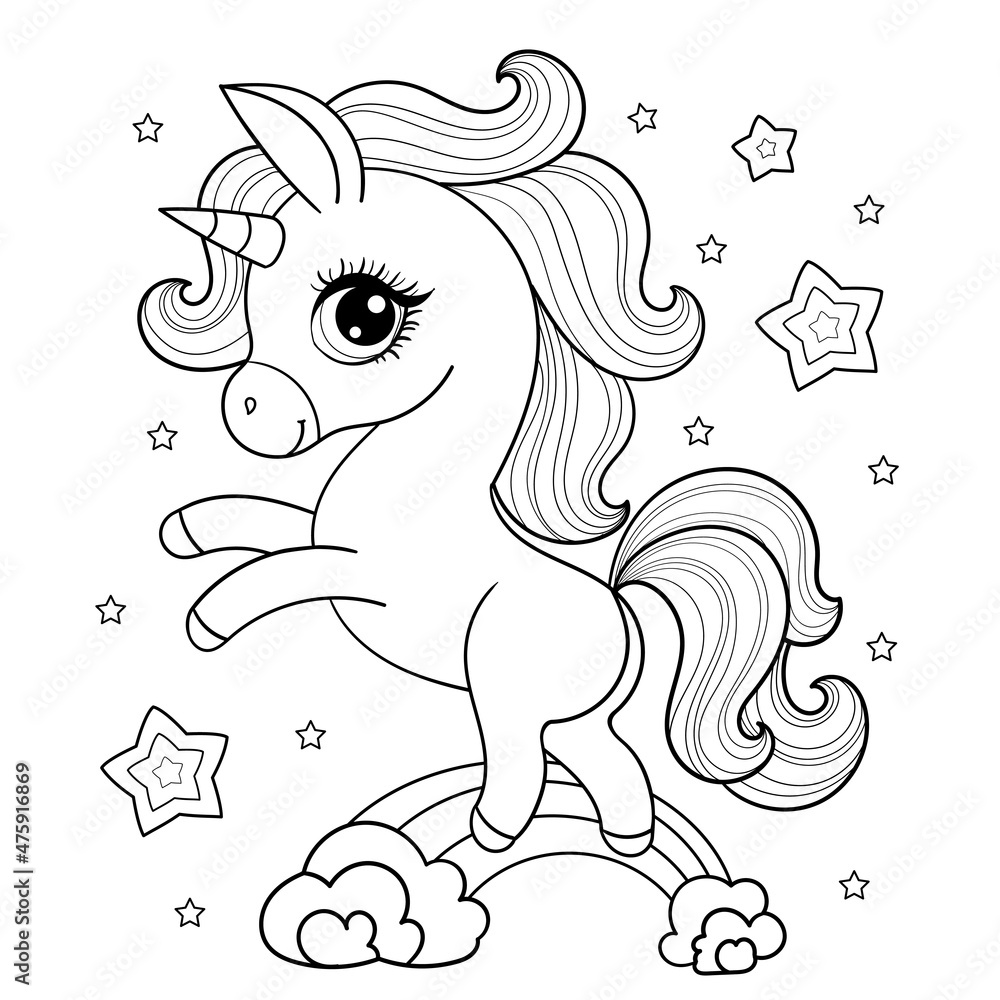Cute little unicorn on the rainbow. Black and white linear drawing. For