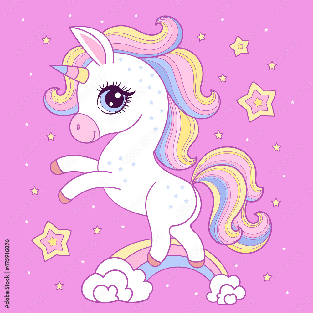 Cute little rainbow unicorn pony on a pink background. Children's cartoon character. For the design of prints, posters, postcards, stickers, etc. Vector