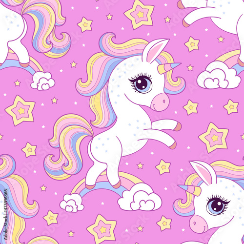 seamless pattern with cartoon pony unicorns on a pink background. For kids design  fabrics  wallpapers  backgrounds  scrapbooking wrapping paper. Vector