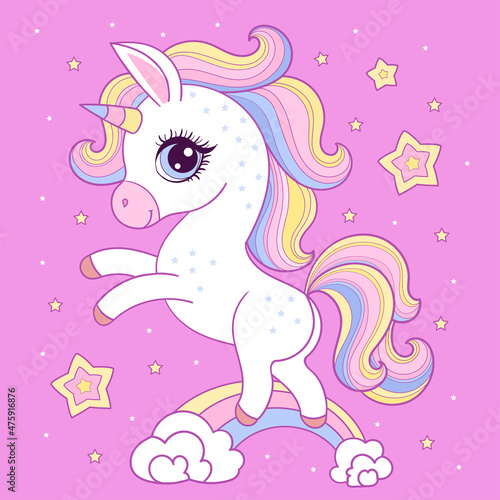 Cute little rainbow unicorn pony on a pink background. Children s cartoon character. For the design of prints  posters  postcards  stickers  etc. Vector