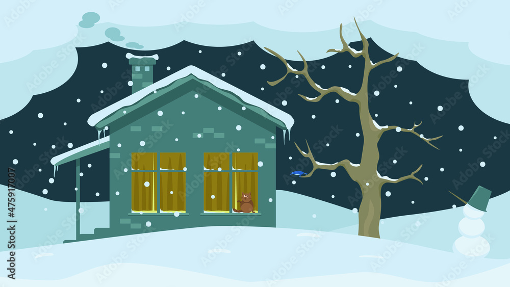 Funny Vector Image Of A Winter Landscape With A House In Which A Cat Looked Out Of The Window At A Bird On A Tree