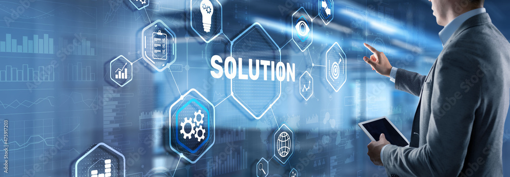 Solution. Businessman pressing on touch screen interface inscription Solutions. Business concept. Internet concept