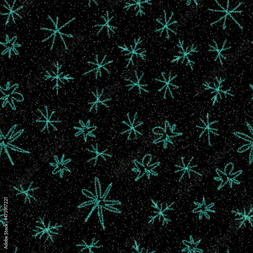 Hand Drawn Snowflakes Christmas Seamless Pattern. Subtle Flying Snow Flakes on chalk snowflakes Background. Admirable chalk handdrawn snow overlay. Excellent holiday season decoration.