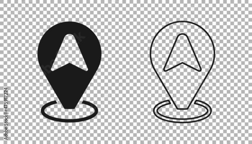 Black Map pointer with taxi car icon isolated on transparent background. Location symbol. Vector