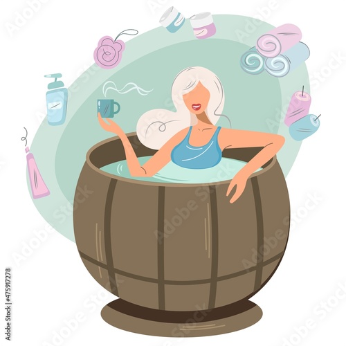 A woman sits in a hot tub and relaxes. Bath interior design at home. The girl is resting in the sauna. Female character surrounded by bath accessories. Spending time in the sauna concept. Vector