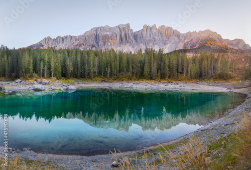 lake in the mountains  Carezza lake  dolomites  Italy