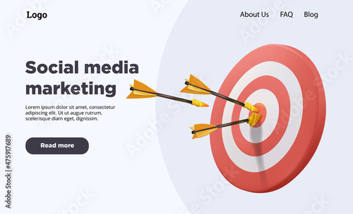 Target landing page, banner business 3d icon. Vector illustration. Target dart with arrow over blue background, metaphor to target marketing or target arrow concept. Bullseye arrow, goal success.