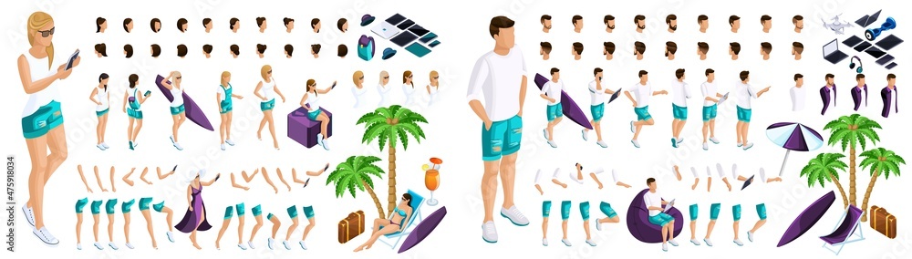 Isometric Set for creating your character, a large set of gestures of hands and feet of a girls and guys 3D teenager, rest, a girls and guys in jeans and a vest Isometric Set for creating your character, a large set of gestures of hands and feet of a girls and guys 3D teenager, rest, a girls and guys in jeans and a vest