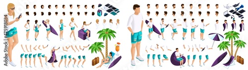 Isometric Set for creating your character, a large set of gestures of hands and feet of a girls and guys 3D teenager, rest, a girls and guys in jeans and a vest