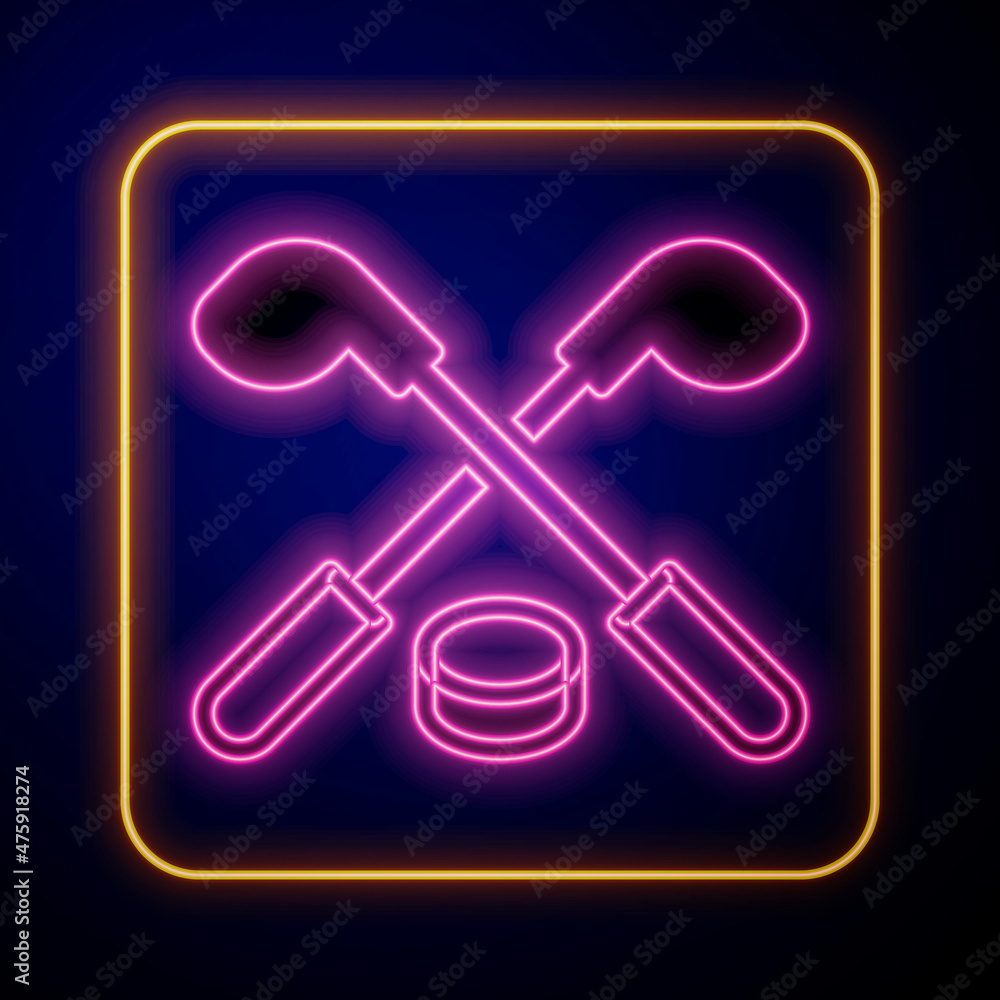 Glowing neon Ice hockey sticks and puck icon isolated on black background. Game start. Vector Glowing neon Ice hockey sticks and puck icon isolated on black background. Game start. Vector