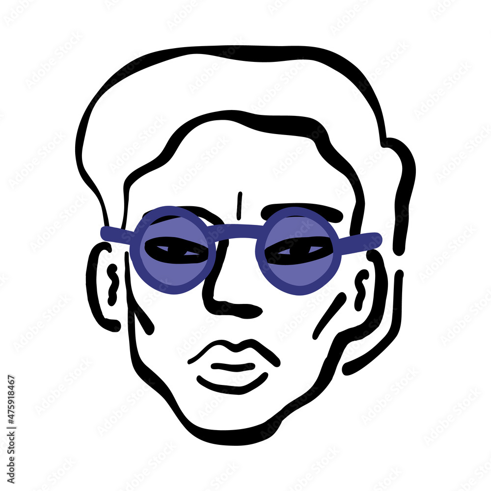 Contemporary trendy young man in color sunglasses, teenager artistic line art portrait, stylish line art guy's face.