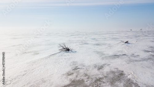 Lake Khanka in the Primorsky Territory in winter. View from above. Frozen coast of a large lake. Arctic landscape. photo