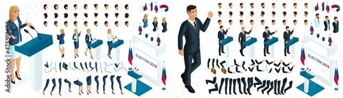 Create your isometric character. 3d woman and man presidential candidate for the required, election, vote. The candidate is against everyone. A large set of emotions