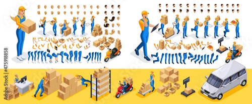 Isometric Create your character, courier, girl and guy from the delivery service. Set of gestures of hands, feet, emotions of the character, a set of different hairstyles. Set 2