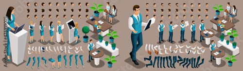 Isometric 3D girl and man bank employees, a set of hand and foot gestures, hairstyles, emotions to create your character. Create a group of unique characters. Set 2