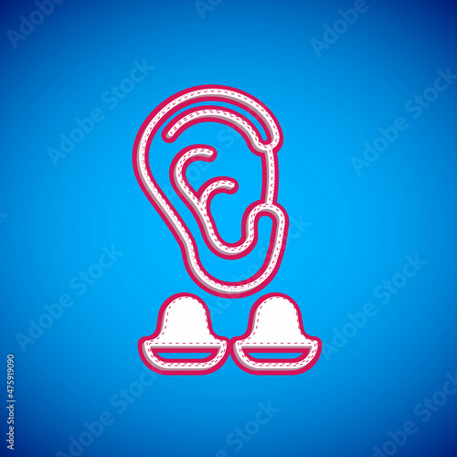 White Earplugs and ear icon isolated on blue background. Ear plug sign. Noise symbol. Sleeping quality concept. Vector