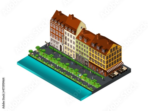 Isometric icon, 3d street of the old town by the sea, hotel, restaurant, passers by, people, park in the city center. Denmark, Copenhagen, Paris, old buildings