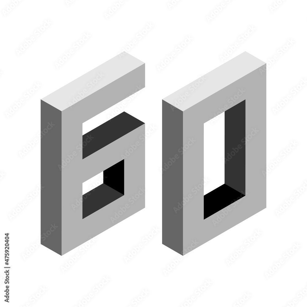 Gray number 60 in isometric style. Isolated on white background. Learning numbers, serial number, price, place. Gray number 60 in isometric style. Isolated on white background. Learning numbers, serial number, price, place.