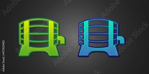 Green and blue Wooden barrel on rack with stopcock icon isolated on black background. Vector