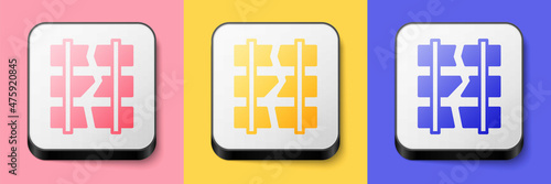 Isometric Broken or cracked rails on a railway icon isolated on pink, yellow and blue background. Square button. Vector