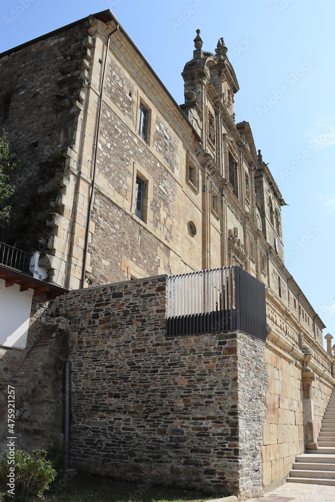 View from a lower angle of the church of San Nicolás el Real, in Villafranca del Bierzo, a mandatory stop for pilgrims to Compostela. Vertical image.