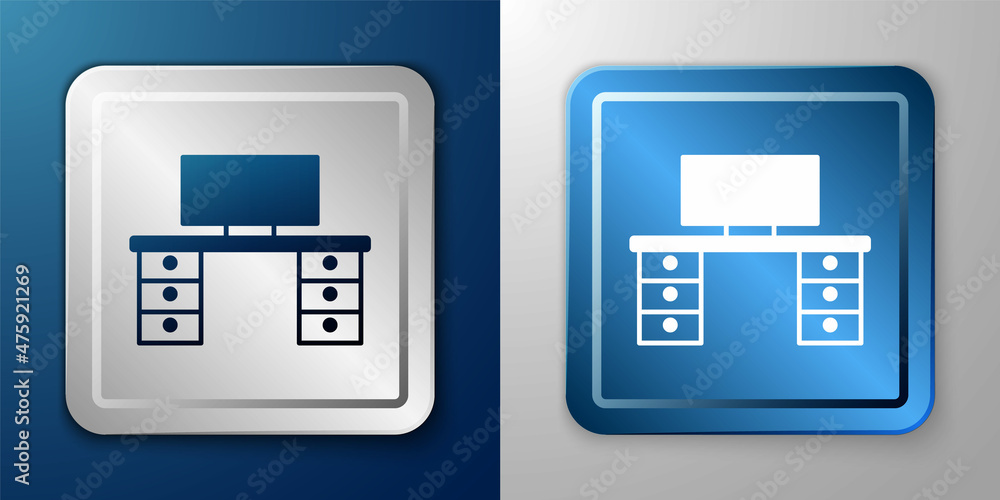 White Office desk icon isolated on blue and grey background. Silver and blue square button. Vector White Office desk icon isolated on blue and grey background. Silver and blue square button. Vector