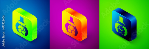 Isometric Grapple crane grabbed a log icon isolated on blue, purple and green background. Forest industry. Industrial crane for lumber trunk wood production. Square button. Vector