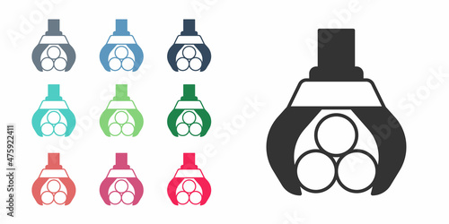 Black Grapple crane grabbed a log icon isolated on white background. Forest industry. Industrial crane for lumber trunk wood production. Set icons colorful. Vector