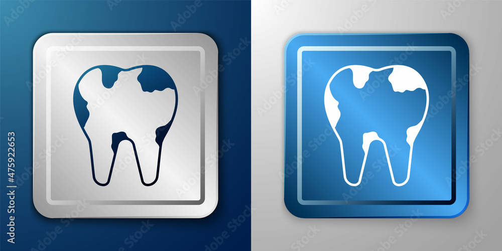 White Broken tooth icon isolated on blue and grey background. Dental problem icon. Dental care symbol. Silver and blue square button. Vector White Broken tooth icon isolated on blue and grey background. Dental problem icon. Dental care symbol. Silver and blue square button. Vector