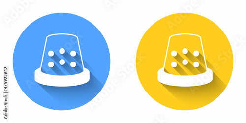 White Thimble for sewing icon isolated with long shadow background. Circle button. Vector