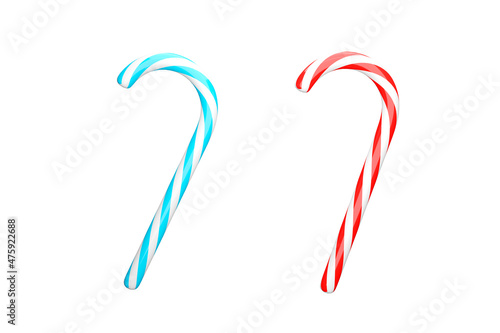 Realistick Christmas cane, lolipop, stick, candy. White, blue and red colors. 3D rendering.