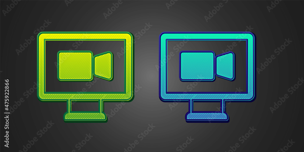 Green and blue Video chat conference icon isolated on black background. Online meeting work form home. Remote project management. Vector Green and blue Video chat conference icon isolated on black background. Online meeting work form home. Remote project management. Vector