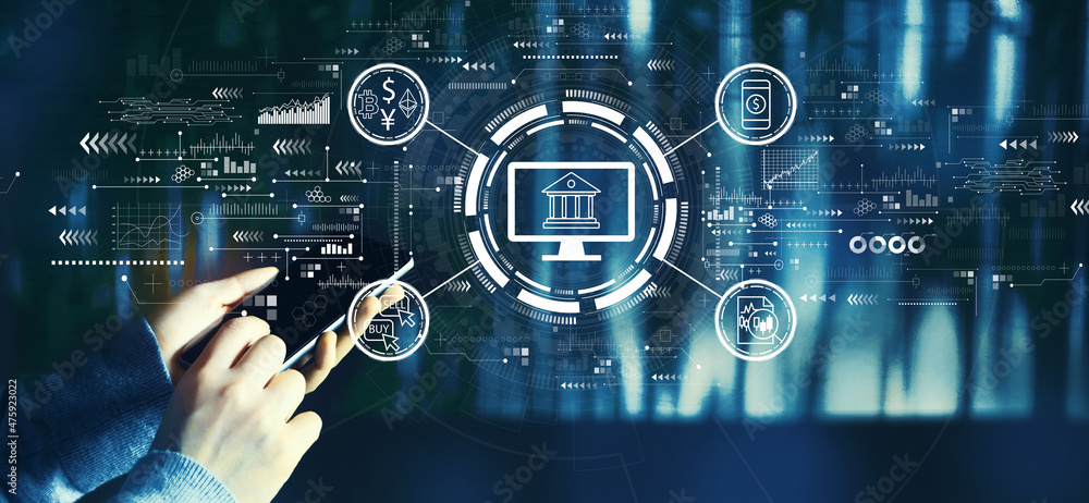 Cryptocurrency fintech theme with person using a smartphone Cryptocurrency fintech theme with person using a smartphone