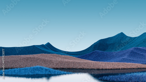 Surreal mountains landscape with dark blue and brown peaks and teal sky. Minimal modern abstract background. Shaggy surface with a slight noise. 3d rendering photo