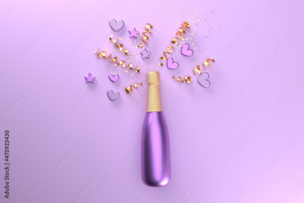 Champagne bottle with hearts and serpentines - 3D render Champagne bottle with hearts and serpentines - 3D render