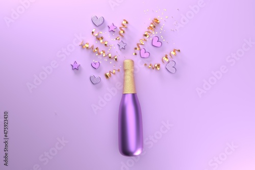 Champagne bottle with hearts and serpentines - 3D render