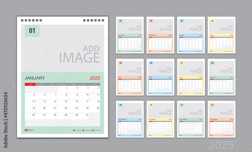 Calendar template for 2025 with week start on Sunday. Wall Calendar 2025 template, Planner, poster, Desk calendar 2025design, Stationery, printing media, Business vector, color calendar design Calendar template for 2025 with week start on Sunday. Wall Calendar 2025 template, Planner, poster, Desk calendar 2025design, Stationery, printing media, Business vector, color calendar design