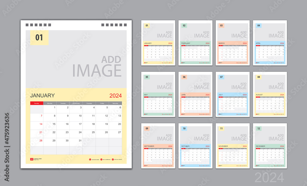 Calendar template for 2024 with week start on Sunday. Wall Calendar 2024 template, Planner, poster, Desk calendar 2024 design, Stationery, printing media, Business vector, color calendar design Calendar template for 2024 with week start on Sunday. Wall Calendar 2024 template, Planner, poster, Desk calendar 2024 design, Stationery, printing media, Business vector, color calendar design